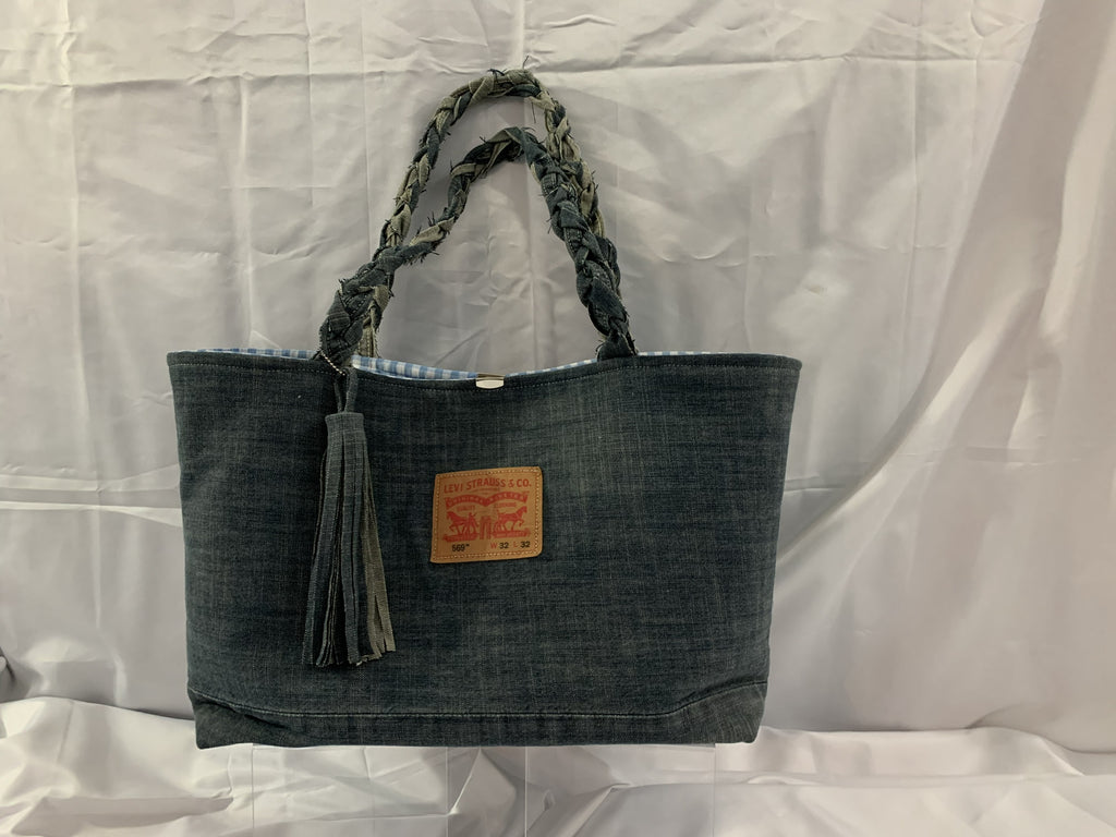 Large Tote Bag - Upcycled Jeans Levi's with Blue Gingham