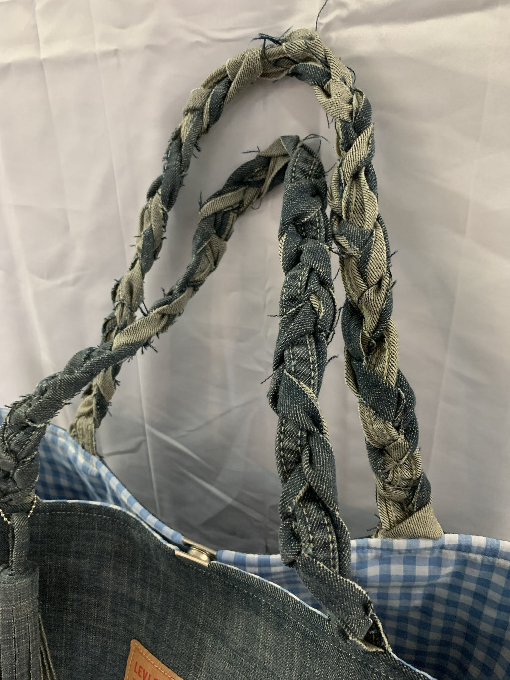 Large Tote Bag - Upcycled Jeans Levi's with Blue Gingham