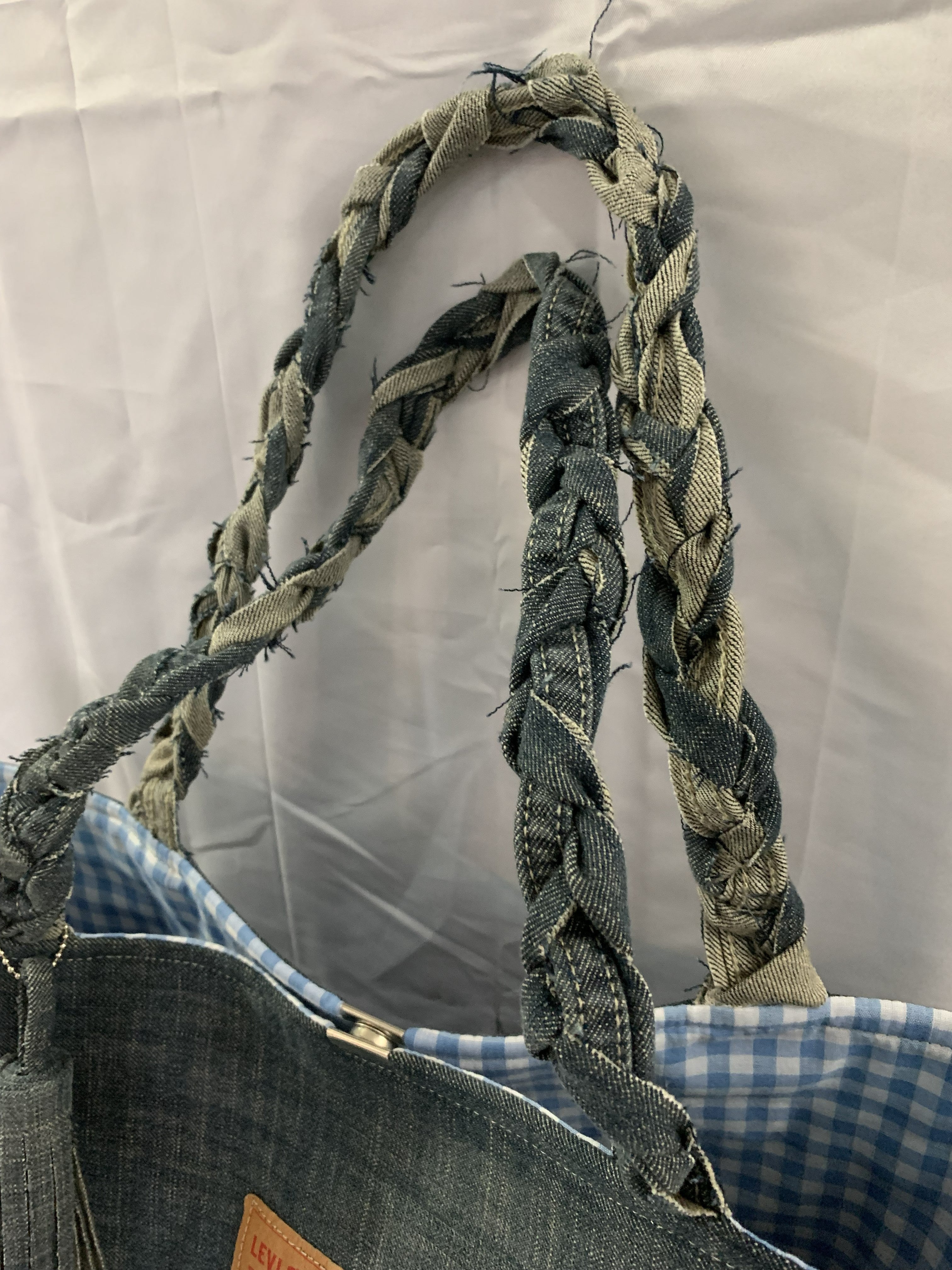 Large Tote Bag - Upcycled Jeans Levi's with Blue Gingham