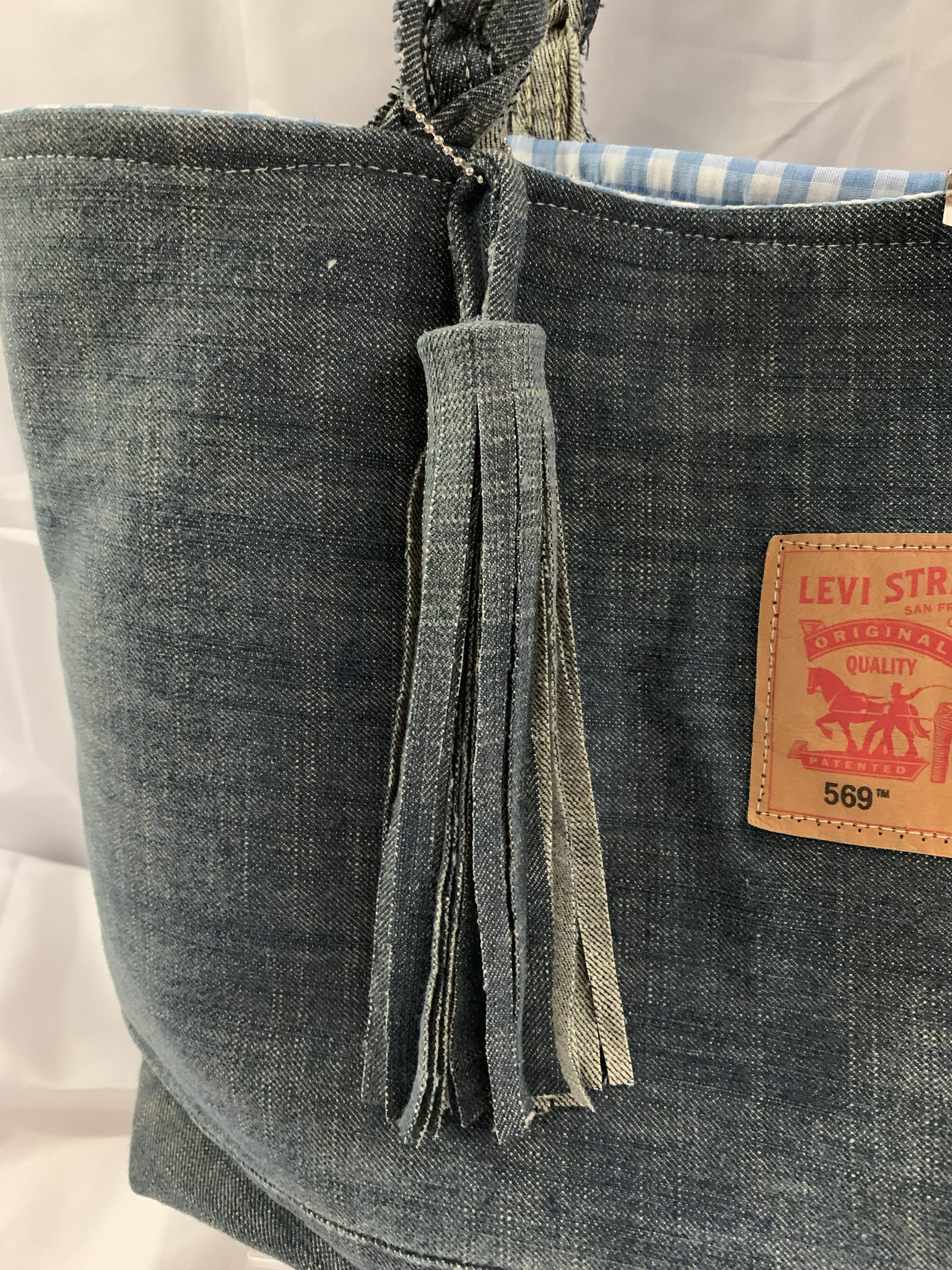 Large Tote Bag - Upcycled Jeans Levi's with Blue Gingham