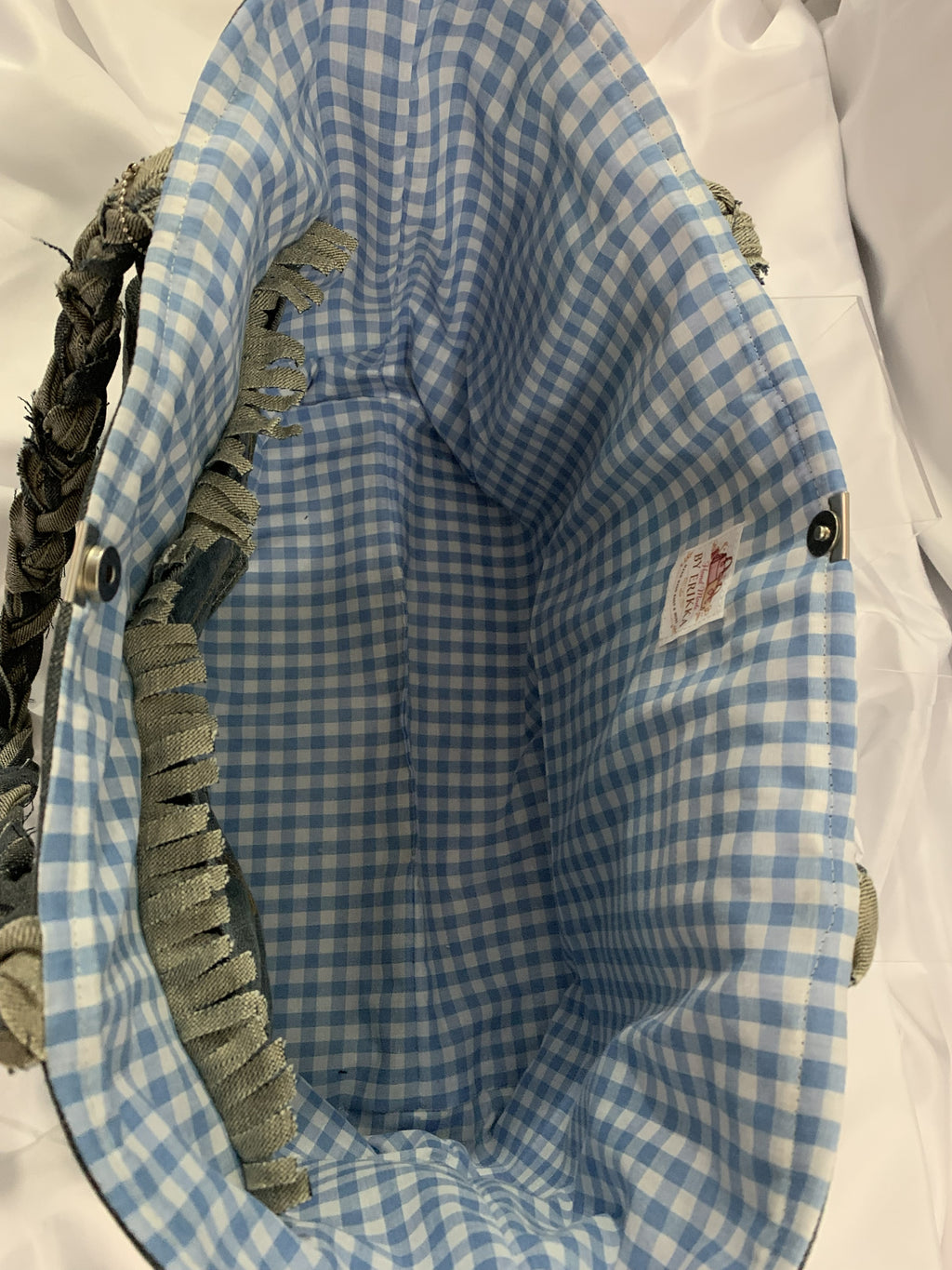 Large Tote Bag - Upcycled Jeans Levi's with Blue Gingham
