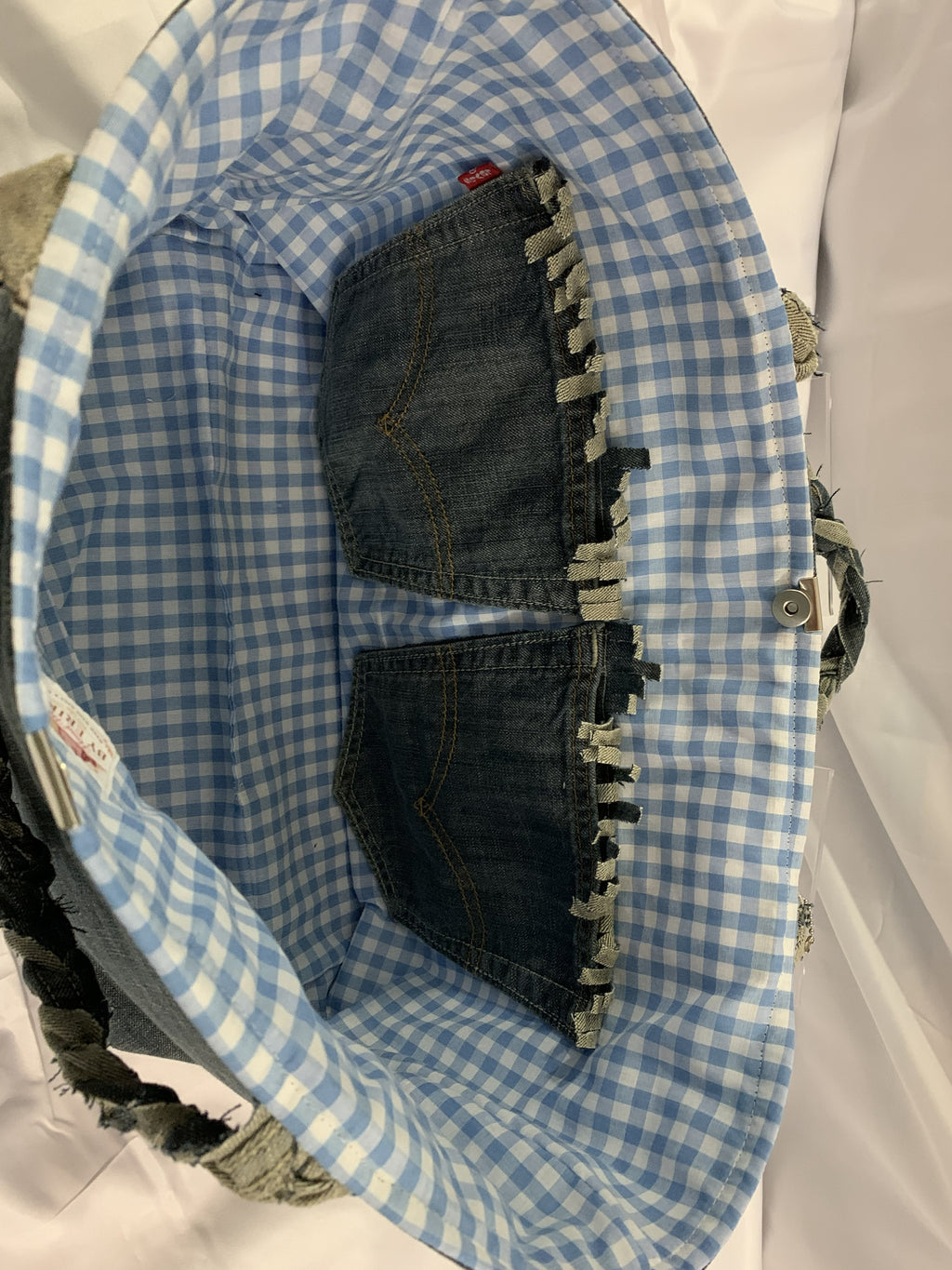 Large Tote Bag - Upcycled Jeans Levi's with Blue Gingham