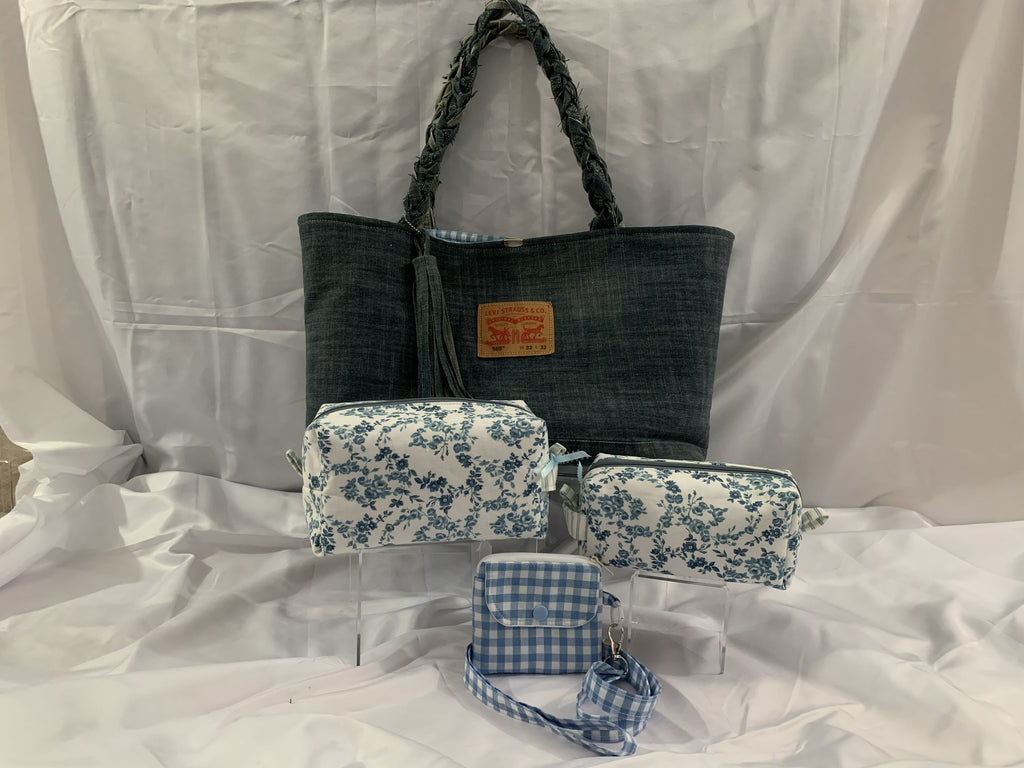 Large Tote Bag - Upcycled Jeans Levi's with Blue Gingham