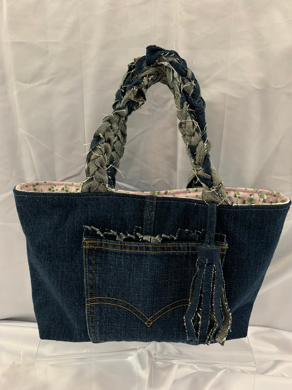 Mini Tote Bag - Upcycled Jeans Levi's with Strawberry Blossoms