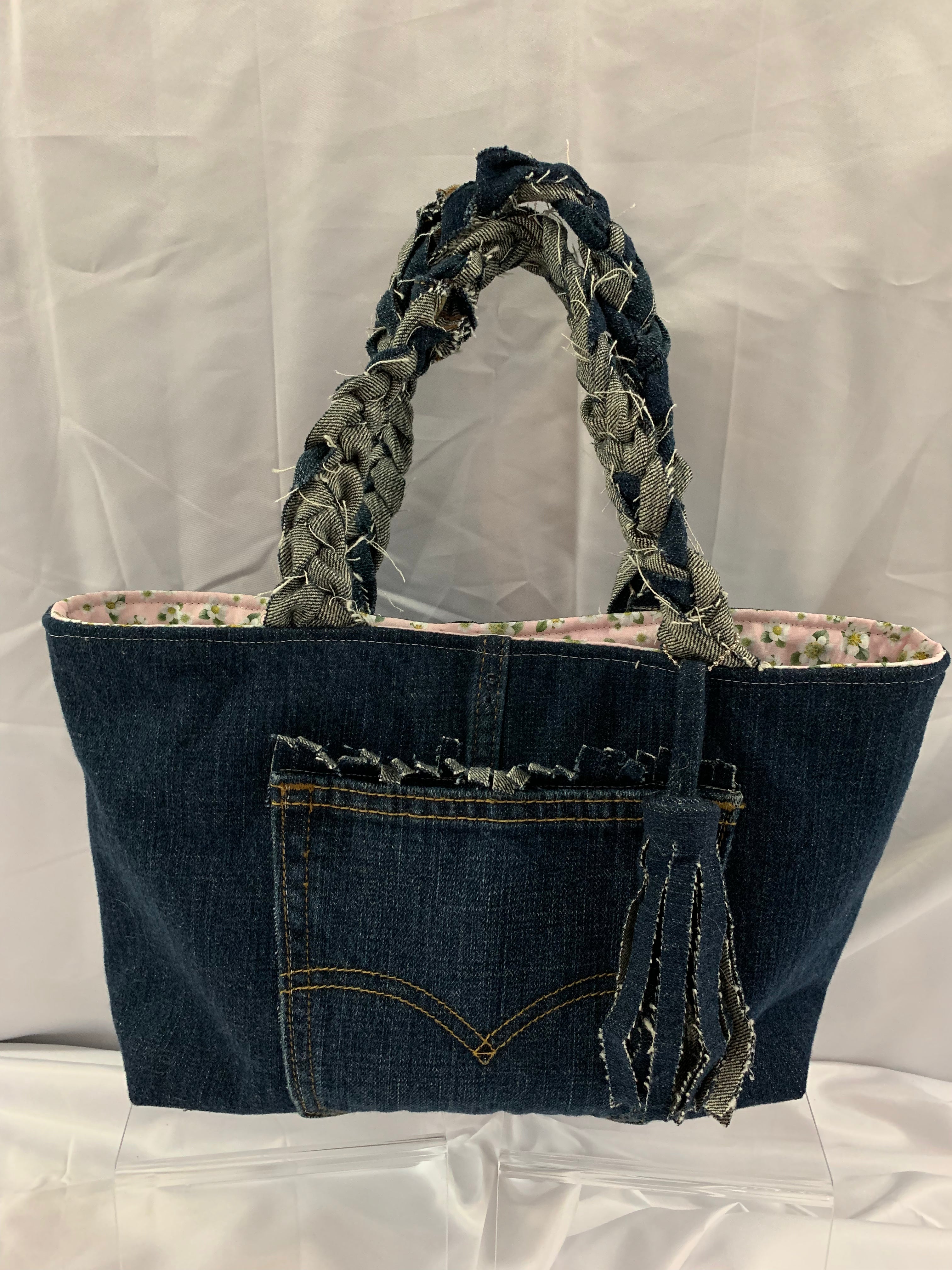 Mini Tote Bag - Upcycled Jeans Levi's with Strawberry Blossoms