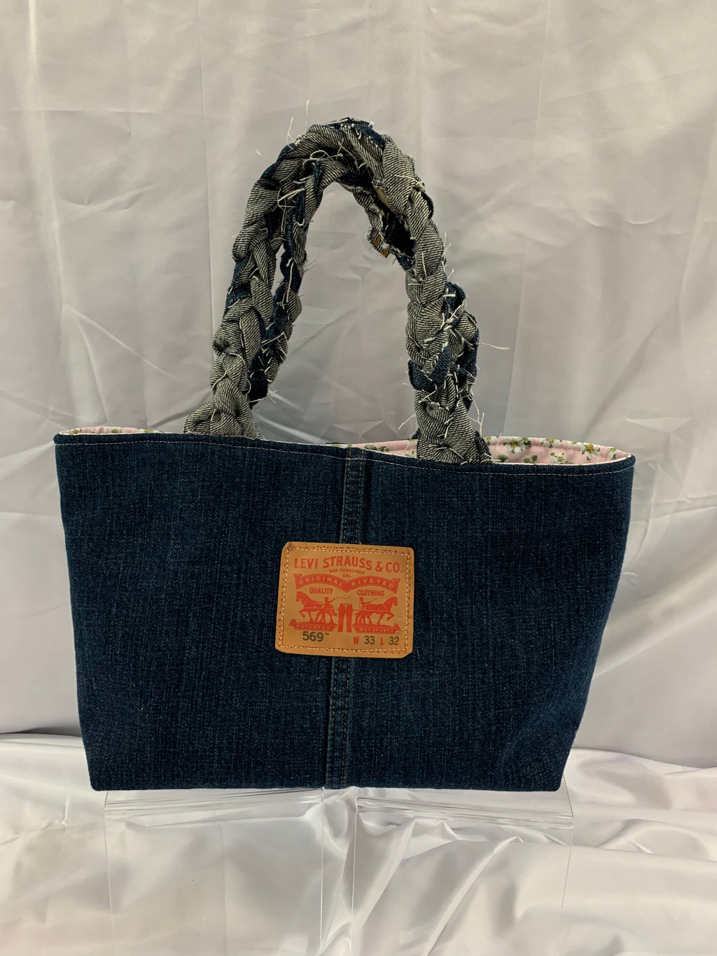 Mini Tote Bag - Upcycled Jeans Levi's with Strawberry Blossoms