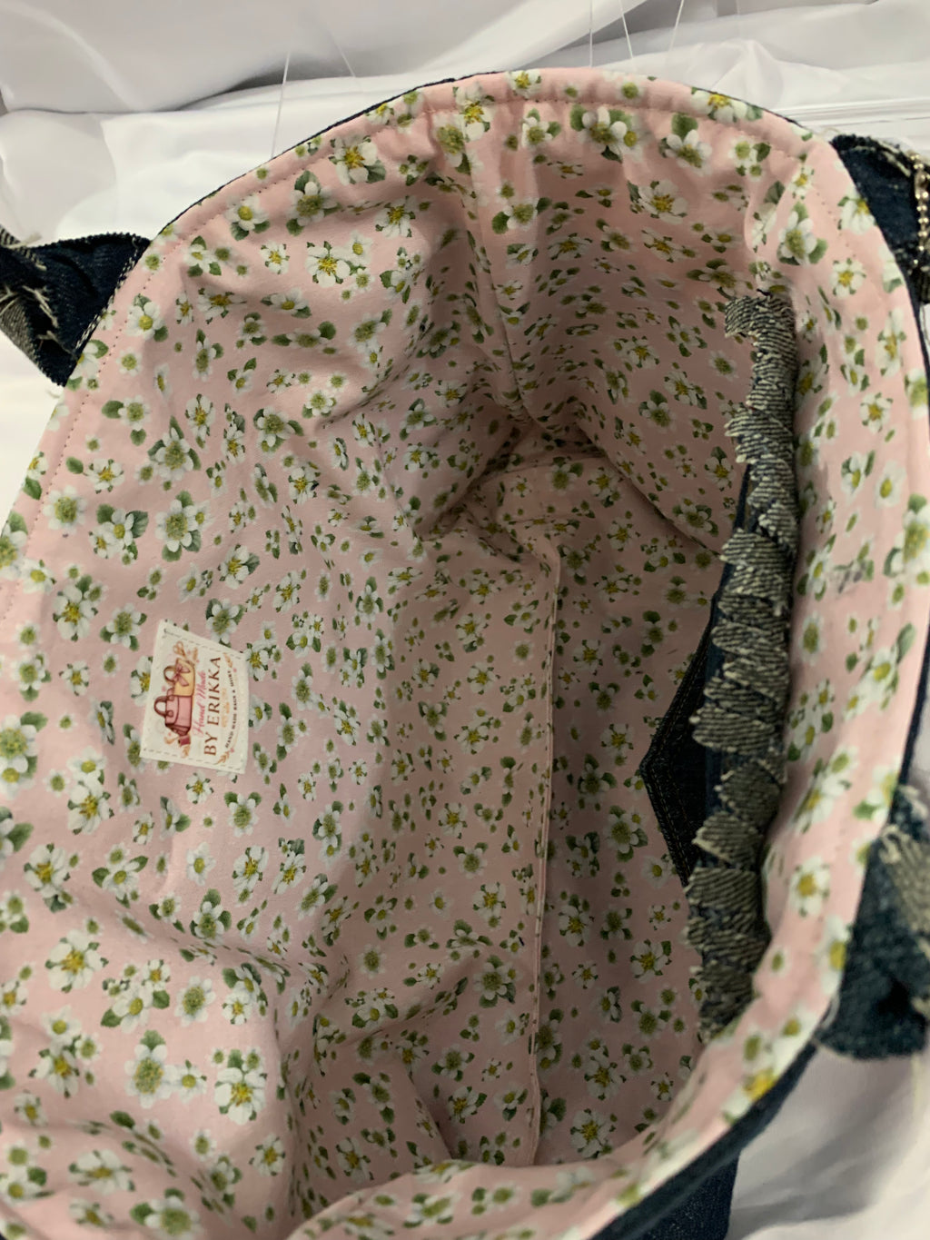 Mini Tote Bag - Upcycled Jeans Levi's with Strawberry Blossoms