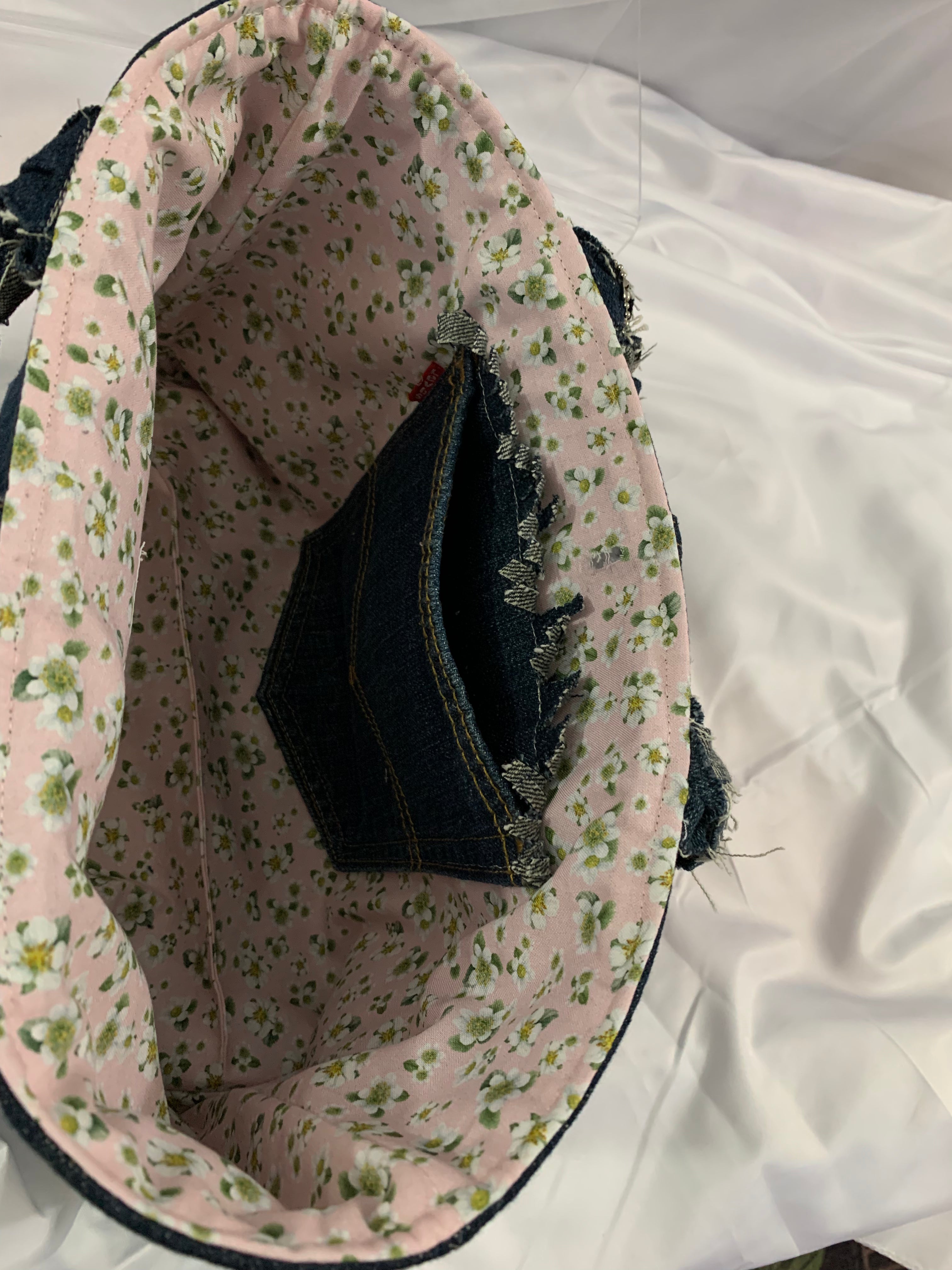 Mini Tote Bag - Upcycled Jeans Levi's with Strawberry Blossoms