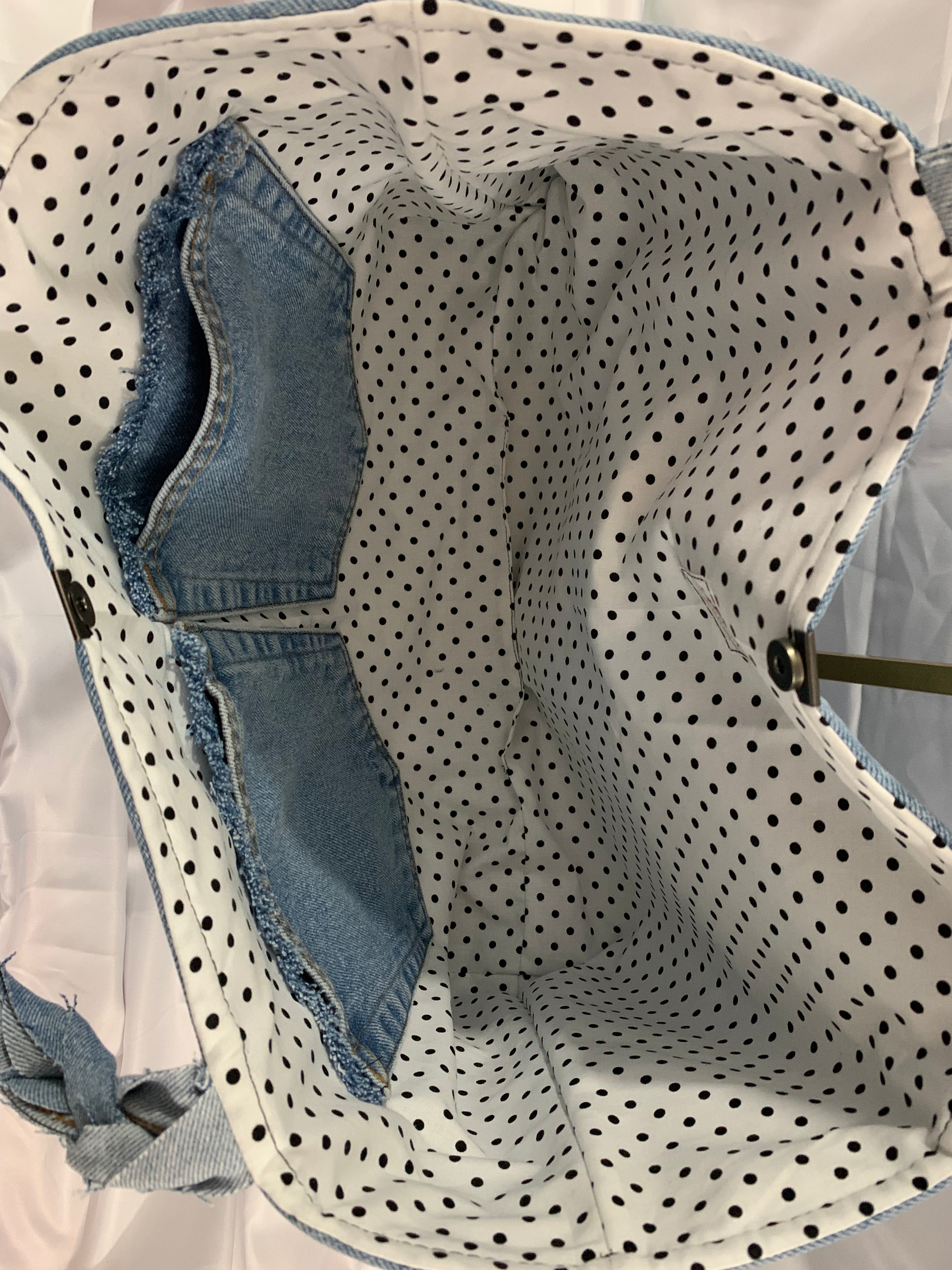 Large Tote Bag - Upcycled Jeans - Red Head Jeans with Polkadot