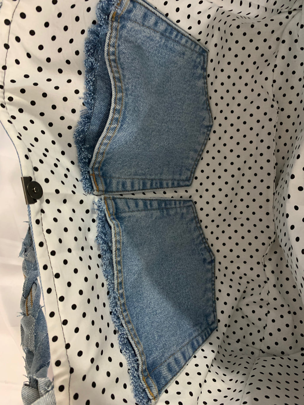 Large Tote Bag - Upcycled Jeans - Red Head Jeans with Polkadot