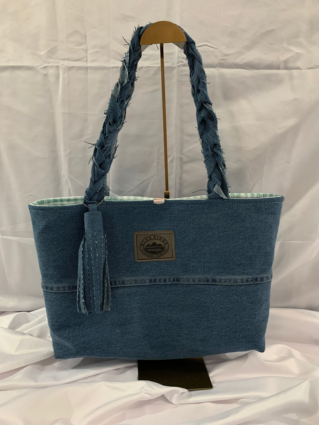 Large Tote Bag - Upcycled Jeans - Blue Ridge Wranglers with Green Gingham