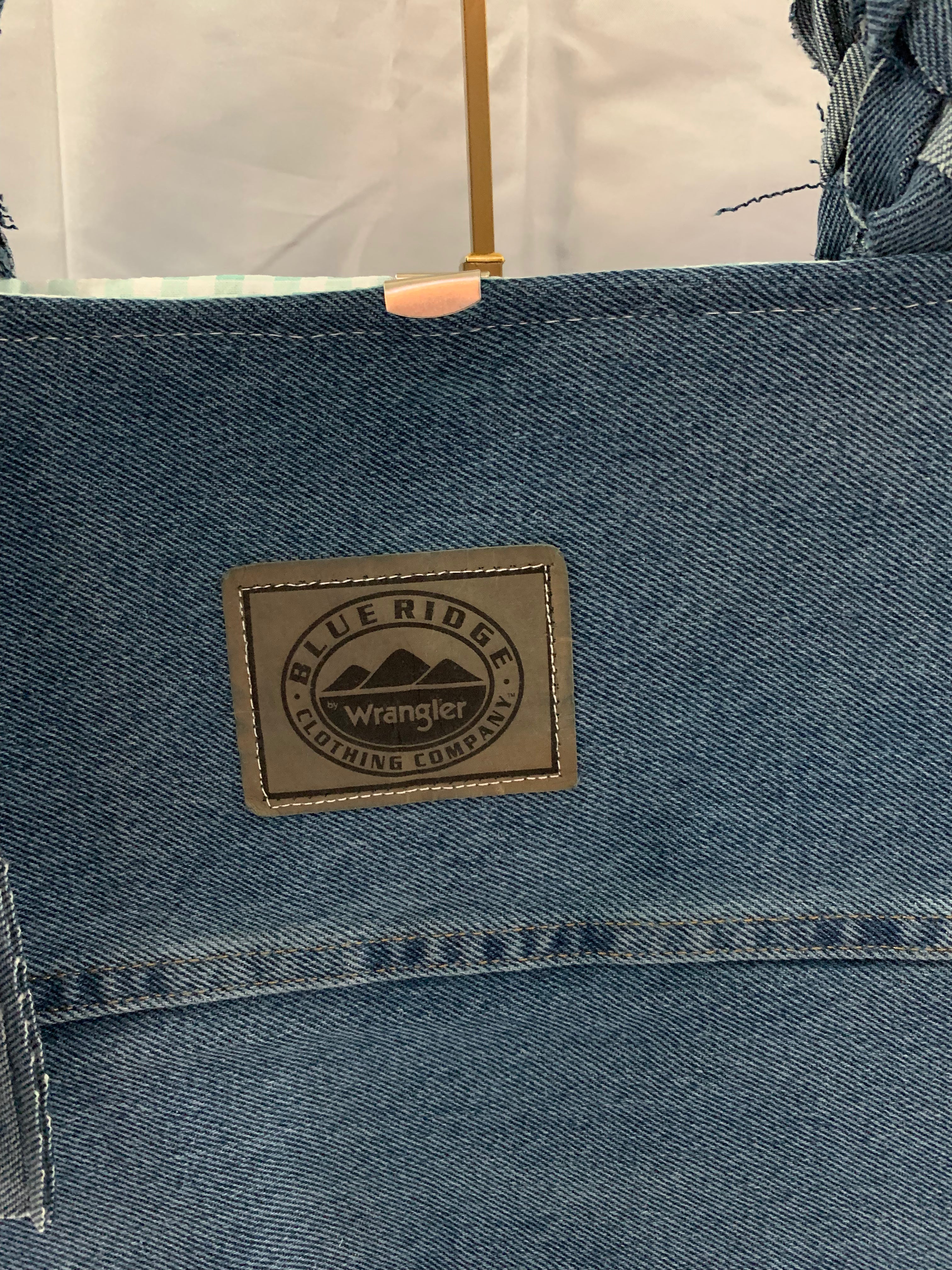 Large Tote Bag - Upcycled Jeans - Blue Ridge Wranglers with Green Gingham