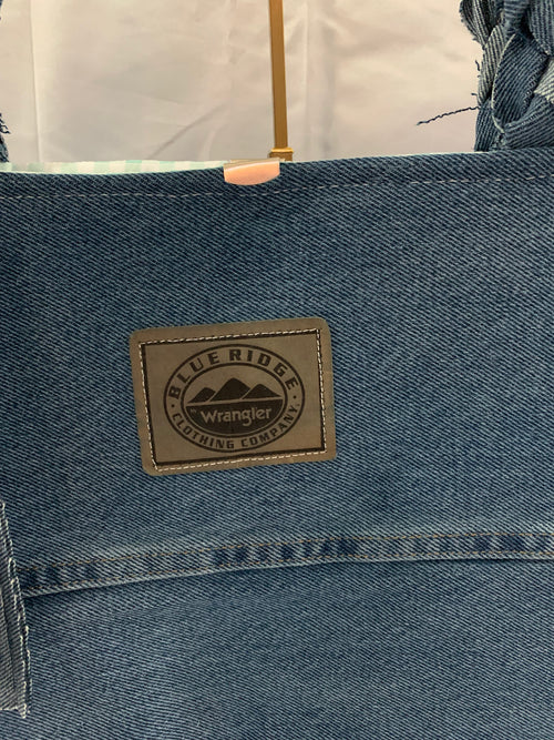 Blue Ridge Wranglers with Green Gingham - Large Tote Bag - Upcycled Jeans