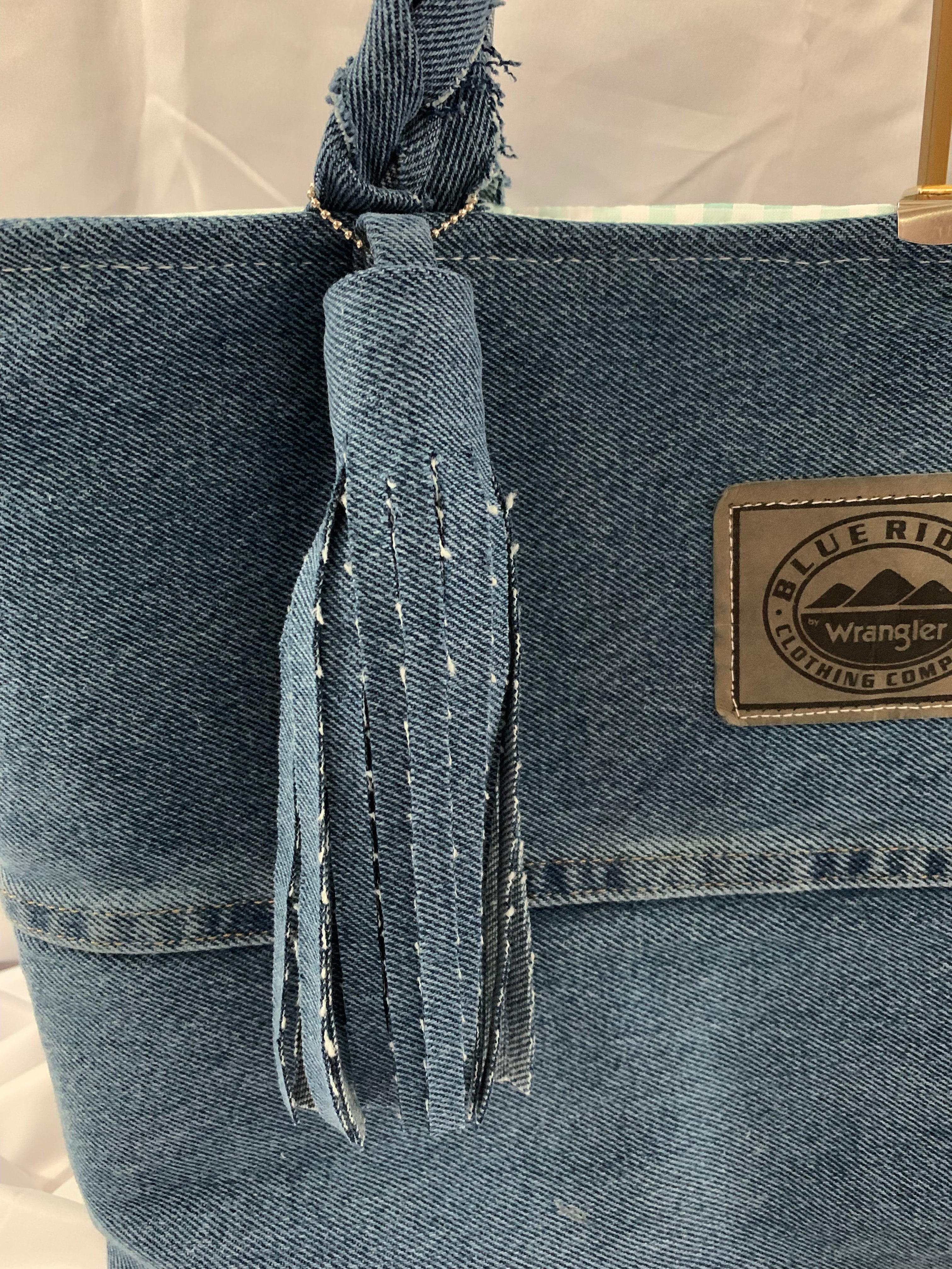 Large Tote Bag - Upcycled Jeans - Blue Ridge Wranglers with Green Gingham