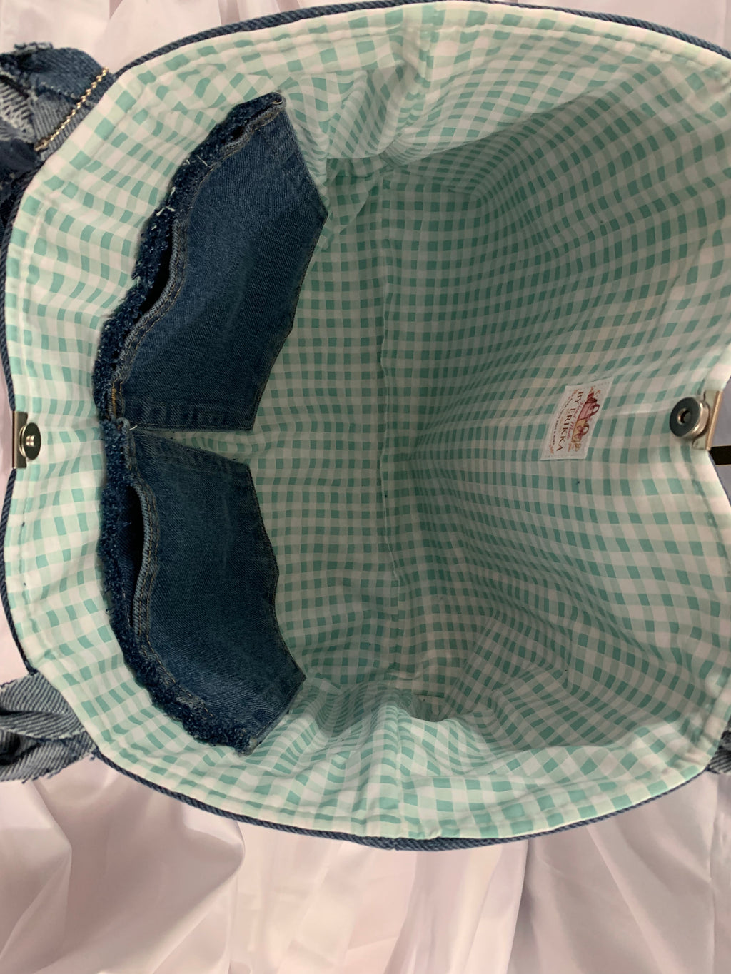 Large Tote Bag - Upcycled Jeans - Blue Ridge Wranglers with Green Gingham