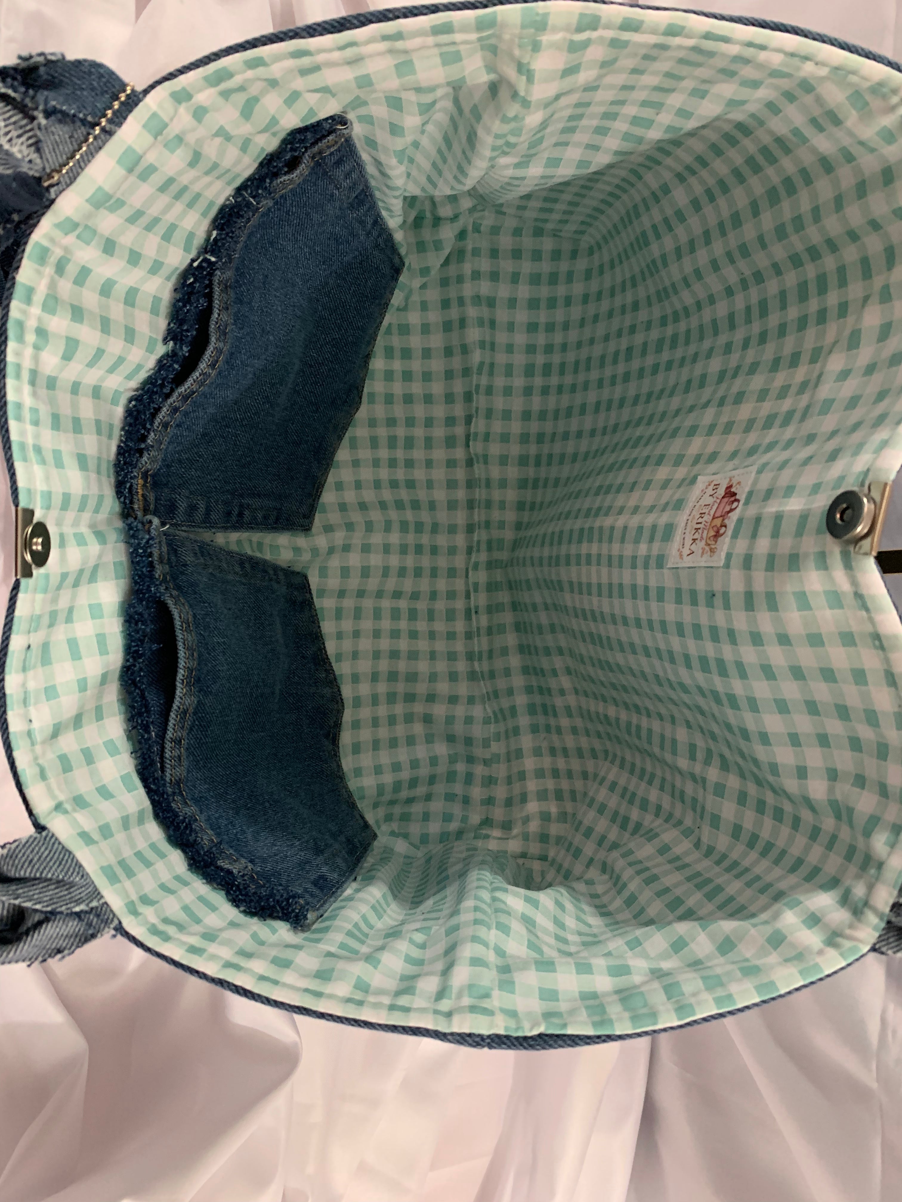 Large Tote Bag - Upcycled Jeans - Blue Ridge Wranglers with Green Gingham