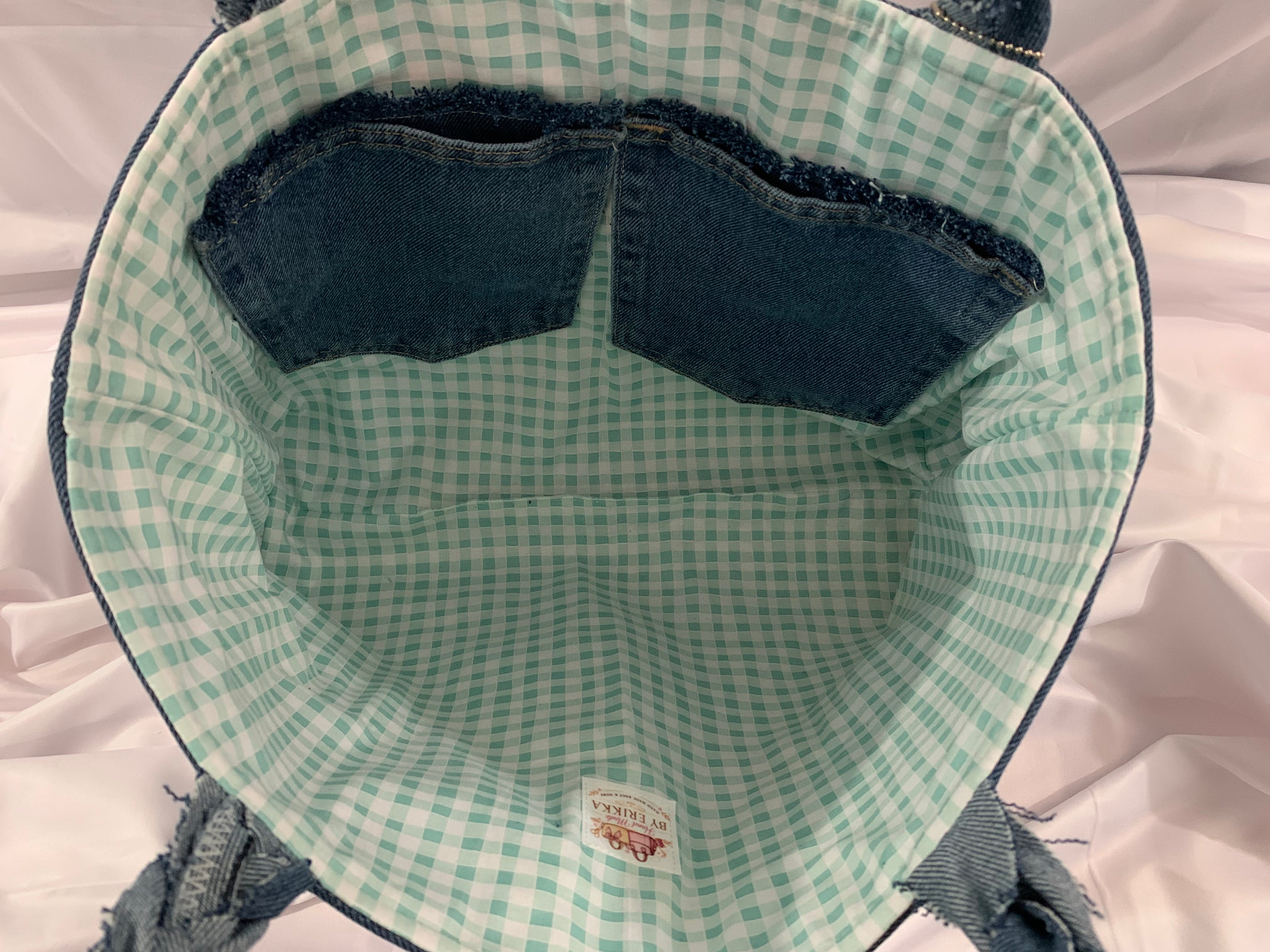Large Tote Bag - Upcycled Jeans - Blue Ridge Wranglers with Green Gingham