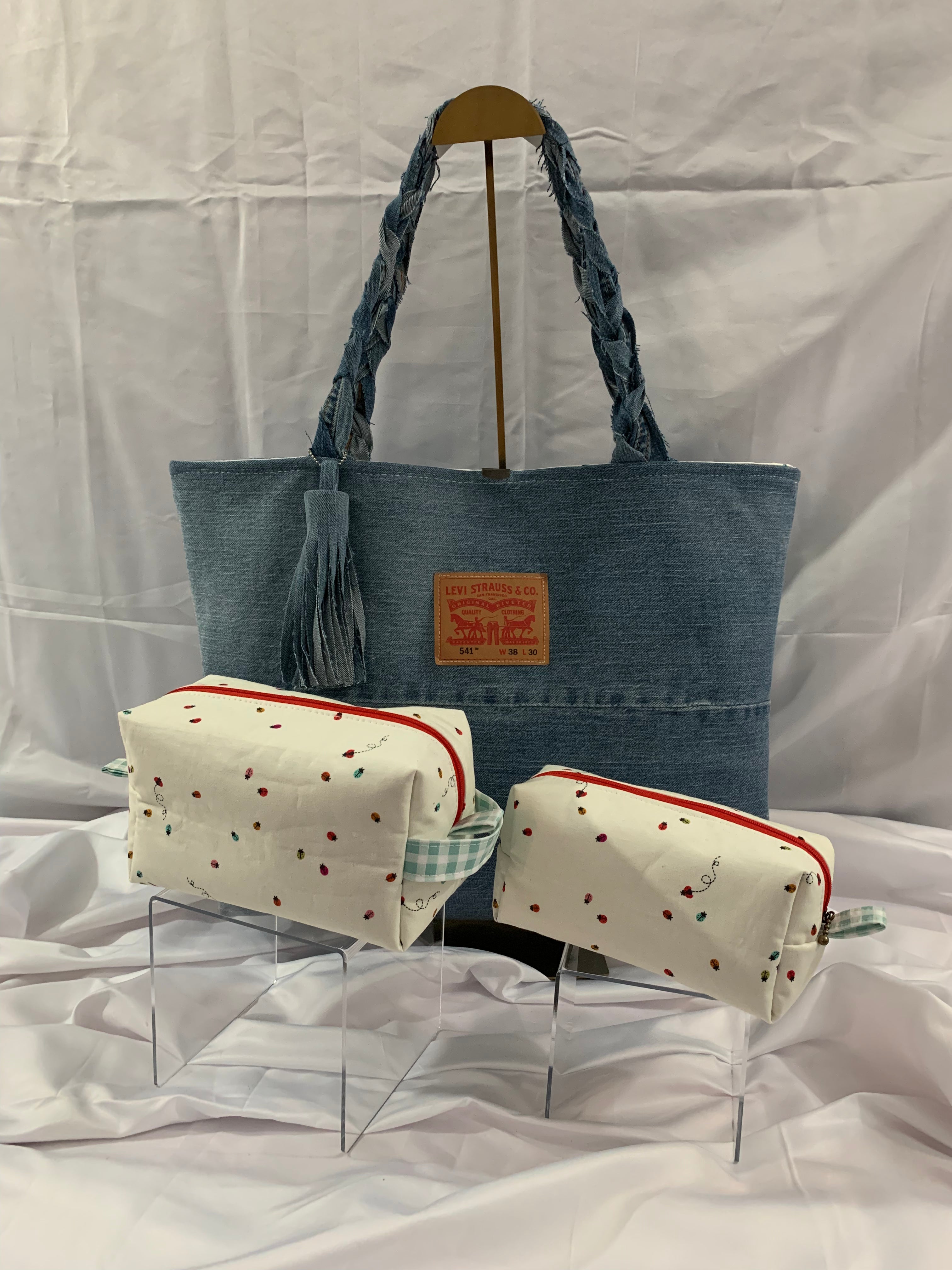 Large Tote Bag - Upcycled Jeans - Levi's and Ladybugs
