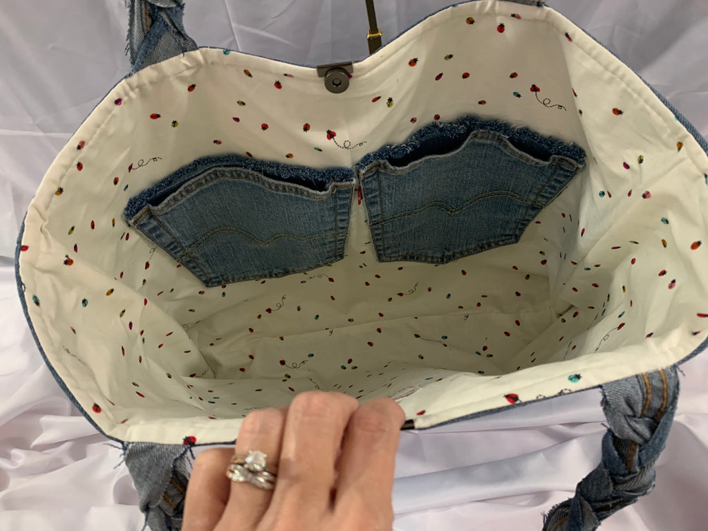 Large Tote Bag - Upcycled Jeans - Levi's and Ladybugs