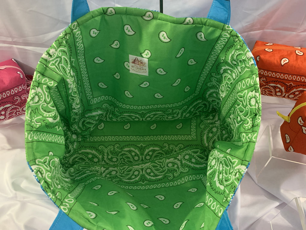 Bandanna Tote Bag - Blue with green liner